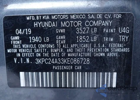 2019 Hyundai Accent Se z USA, uszkodzony, nr VIN 3KPC24A33KE086728